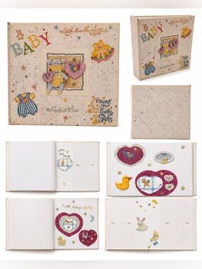 Vintage Baby Photo Album Scrapbook Memory Book with Illustrated Pages